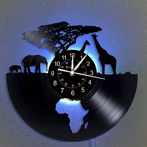 Vinyl Wanduhr, Afrika - Safari Tiere 7 Farbe Nachttischlampe Retro Wanduhr, South African Tier Geschenke handgemachte Hauptwanddekor,A,with Light