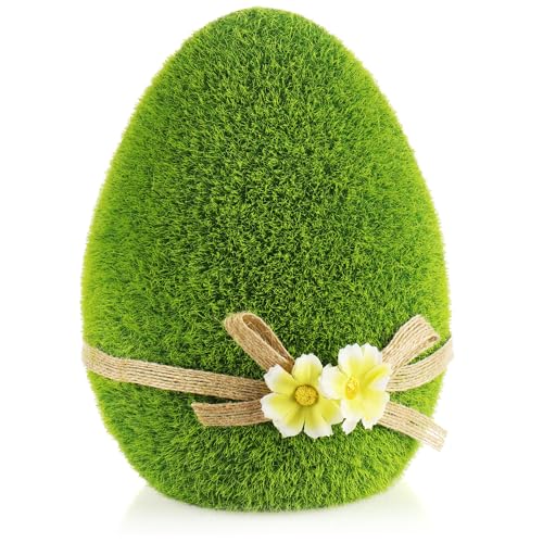 com-four® Dekofigur - Osterei mit Schleife und Blumen - grüne Deko-Figur aus Keramik für Frühling und Ostern - großes Ei mit Kunst-Gras überzogen - Osterdeko (1 x Ei - 18cm)