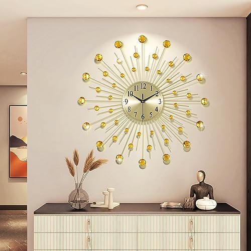 Lafocuse Gold Wanduhr Groß Metall, Kreative Design mit Strasssteine, Lautlos Wanduhr Modern, Ohne Ticken Art Deko für Wohnzimmer Schlafzimmer Küche 56cm