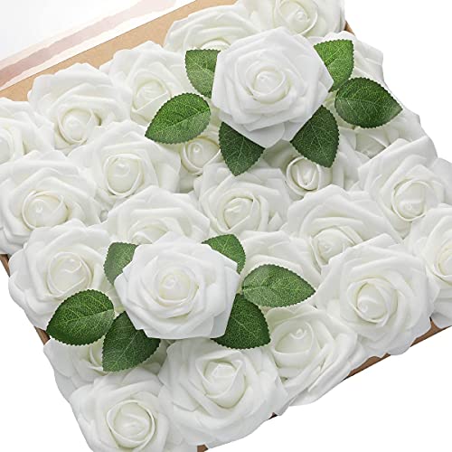 PIQIUQIU 25 Stück Künstliche Blumen Rosen Kunstblumen Rosenköpfe Gefälschte für Geburtstagsdeko, Hochzeitsdeko, Party Deko (Weiß)