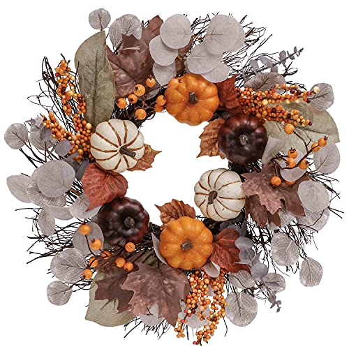 VALERY MADELYN 45cm Türkranz für Sommer Herbstdeko, Kürbis deko mit Künstliches Ahornblatt Beere für Herbst Dekoration,Tür Fenster Wandbehang Dekoration für Erntedankfest Thanksgiving Halloween