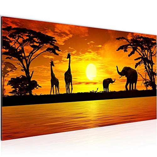 Runa Art Wandbild Afrika Sonnenuntergang 1 Teilig 100 x 40 cm Modern Bild auf Vlies Leinwand Giraffe Elefant Wohnzimmer Schlafzimmer Orange 000212a