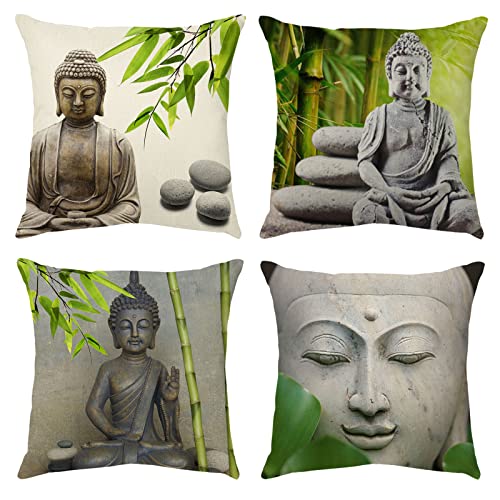 OCEUMACO Leinen Kissenbezug 40x40 Zen Orientalisch Buddha Kissenhülle 4er Set Quadratisch Sofakissen Dekokissen Bezug für Couch Sofa Yoga Kissen Kissenbezüge Outdoor Deko Zierkissen Couchkissen