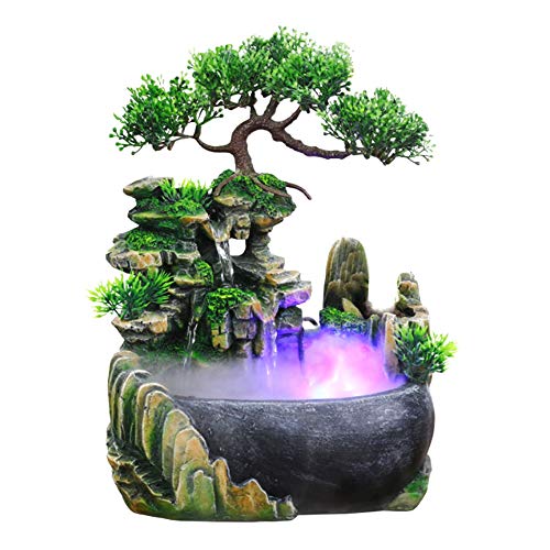 Zimmerbrunnen mit LED Beleuchtung, Tischbrunnen Wasserfall mit Nebel, GartenAquariumHarz Desktop-Brunnen, Zen Light Zimmerbrunnen mit Pflanzen, luftbefeuchter Dekoration 20 x 20 x