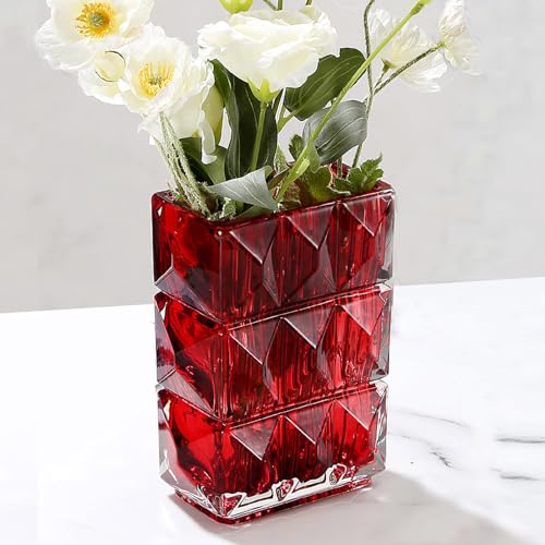 20cm Kristallglas Vase, Verdickte klare Glas Blumenvase, große große quadratische Vase Dekorative Vasen Blumen Moderne Bauernhaus Mittelstück, Home Room Dekor (Rot)