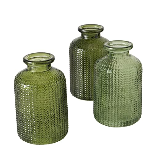 Vasen Deko 3er Set 3 Stück aus Glas in Flaschenform mit den Farben Grün, Dunkelgrün und Hellgrün