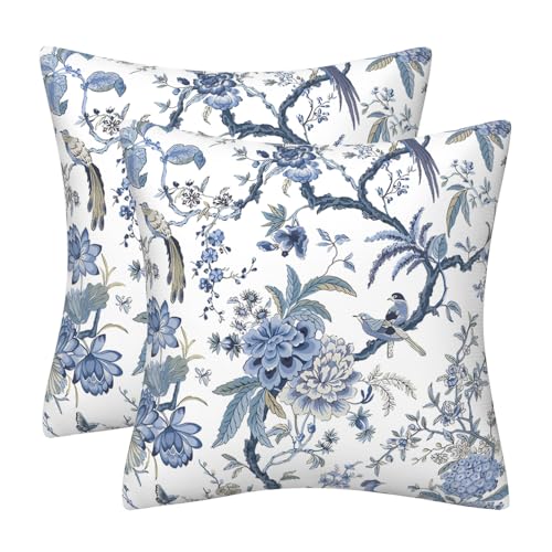 Kissenbezug 40x40 2er Set Blau Kissenbezüge Chinesischer Vogel Blume Deko Kissen Samt Sofakissen Modern Abstrakte Kissenhülle Dekokissen Aesthetic Couchkissen für Sofa Couch Wohnzimmer Zierkissen