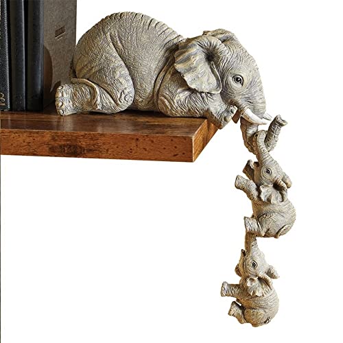 LSHK 3 Stücke Elefant Statue Figur, Hängend 2 Baby Elefanten am Rand Resin Skulptur Ornament Geeignet für Geschenk der Mutter, Zuhause, Hotel, Büro, Graubraun, ?5 x 5 x 10 cm