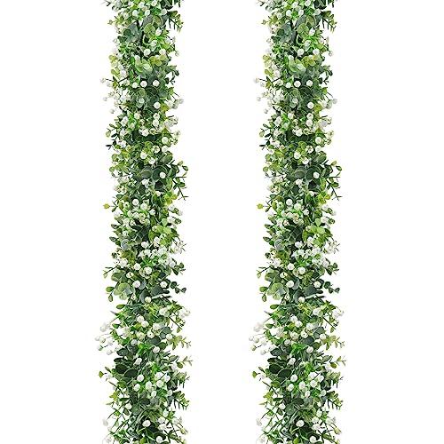 SOMYTING Künstliche Girlanden Eukalyptus mit Weiße Blume Blätter Girlande künstliche hängepflanzen für Hochzeitshintergrund Bogen Wanddekoration Reben Blätter UV-geschützt Drinnen Draußen 2 Stück