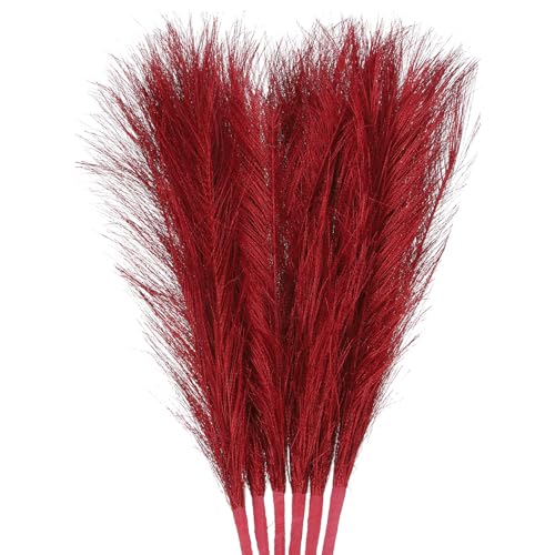 QUARKZMAN 3Stk Pampas Kunstgras Klein 45cm/17.7' Falsch Flauschig Pampas-Kunstrasen 7 Zweige Künstlicher Vasenfüller für Hause Büro Vase Hochzeit Dekoration Rot