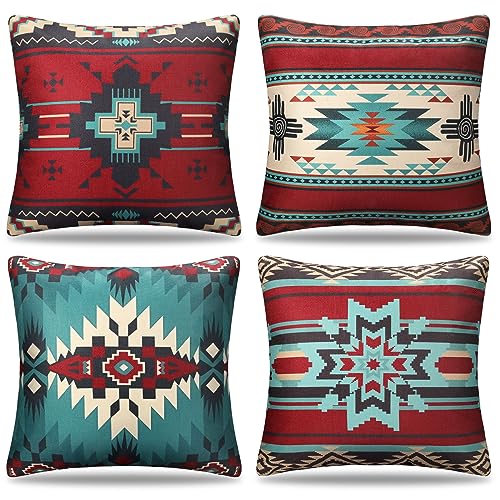 Cheekywares 4er Set Kissenbezug 40 x 40 cm Ethno Boho Geometrisch Kissenbezüge Leinen Tribal Azteken Retro Kissenhülle Dekokissen Sofakissen Dekorativ Kissenbezug für Sofa Bett Terrasse Balkon Garten