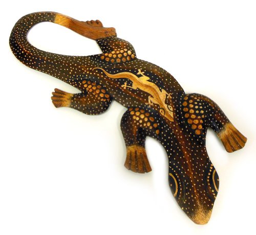TEMPELWELT Deko Figur Wanddekoration Gecko Manis braun aus Albesia Holz punktbemalt dotpainting, 30cm lang, Holzfigur Wandfigur Echse Kunsthandwerk aus Bali handgefertigt