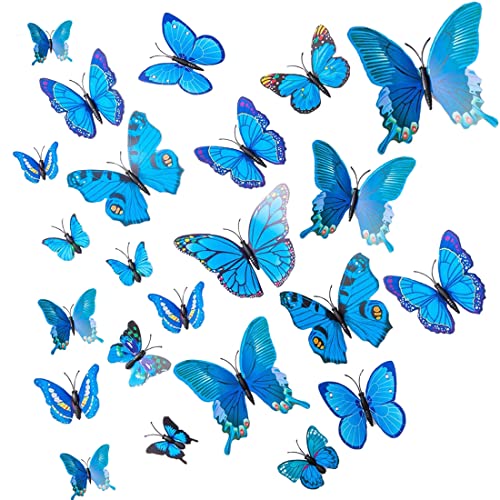24 Stück 3D Schmetterlinge Deko Schmetterling Wanddeko 3D Schmetterlinge Aufkleber Dekorationen (Blau)