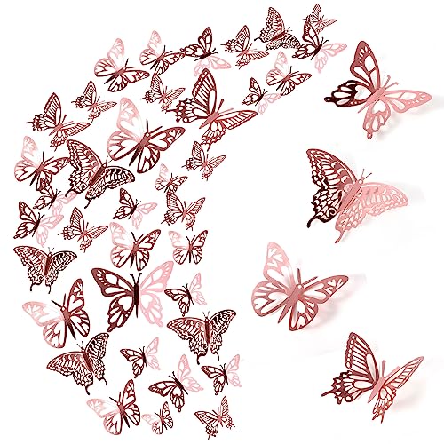 48 Stück 3D Schmetterlinge Deko, Schmetterling Wandaufkleber Butterfly Aufkleber Rosa Deko Schmetterlinge für Wohnzimmer Kinderzimmer Weihnachten Hochzeit Party Wanddeko Tischdeko (Roségold)