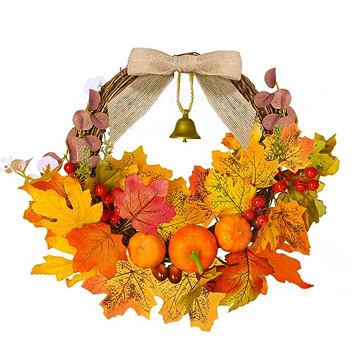 COLOFALLA 30cm Herbstkranz Haustür Türkranz Herbst Ahornblätter Glocke Kürbis Kiefernzapfen Tischkranz Türdeko Außen Drinnen Herbstdeko für Erntedankfest Halloween Hochzeit Herbst