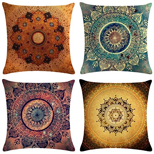 Neusky 4er Set Dekorativ Kissenbezug Mandala Muster 45 x 45cm Sofa Büro Dekor Kissenhülle aus Baumwoll und Leinen (Mandala)