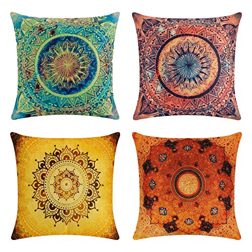 tronisky 4er Set Dekorativ Kissenbezug Kissenhülle, Indische Hippie Böhmischen Mandala Blume Muster Dekokissen Kissenbezüge aus Baumwolle Leinen Kissen Fall für Sofa Home Dekor, 45x45 cm