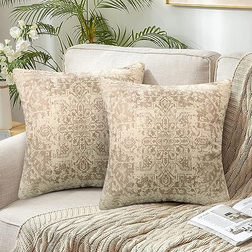 Chicamy 2Er Set Boho Kissenbezüge Indische Exotische Muster Kissenhülle Doppelseitig Beige Coffee Square Kissenbezüge Retro Leinenoptik Sofakissen Dekorative für Sofa Schlafzimmer Wohnzimmer 40x40 cm