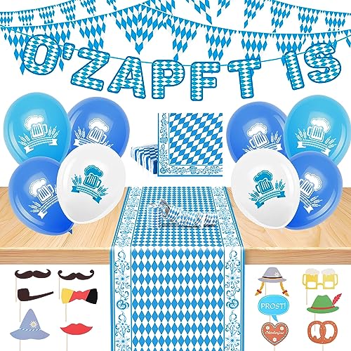 iZoeL Oktoberfest deko Set, 'O’ZAPFT IS ' Girlande + Wimpelkette + 10m Tischläufer + 20 Servietten + 12 XXL Bedruckte Latex-luftballons +12 Foto-Requisiten-Set + Luftschlangen + Farbband