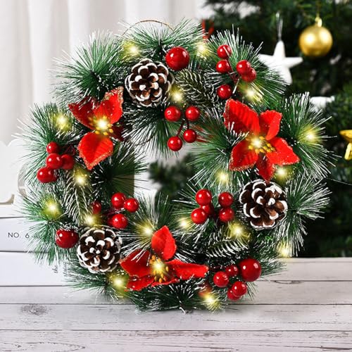 Türkranz Weihnachten Beleuchtet 30cm, Weihnachtstürkranz mit Beleuchtung, Weihnachts Türkranz Weihnachtskranz Haustür Deko Künstlich, Christmas Wreath Türdeko (Flachs A, mit Beleuchtung Timing)